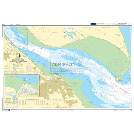 Admiralty Chart 1188: River Humber Spurn Head to Immingham shows depths, navigation aids, and land areas. Insets provide detailed views of Grimsby and Goole. Ideal for commercial routes, it prominently features the Admiralty Standard Nautical Chart logo.