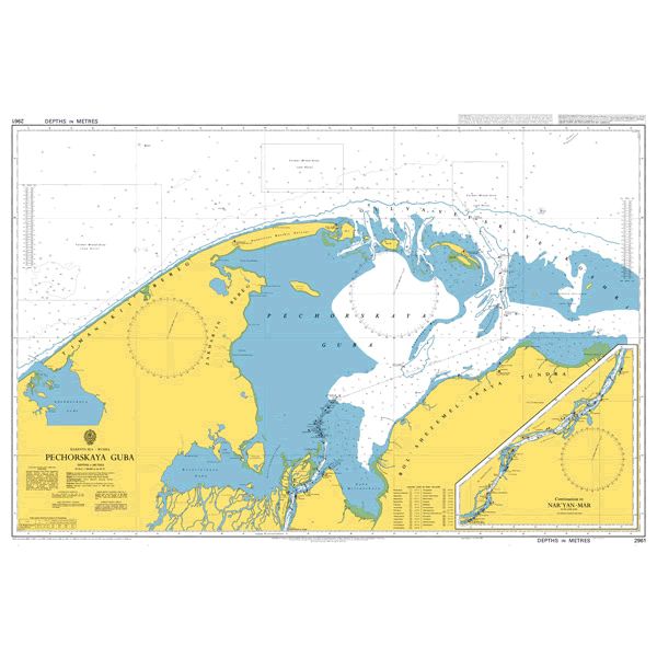 Product image of Admiralty Chart 2961 | Pechorskaya Guba, featuring navigational markings, depth soundings, and coastal features, essential for safe marine navigation. It could be displayed as an art piece or used for navigation on a boat or ship.