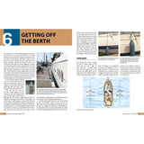 The "Getting Off the Berth" article in Adlard Coles' "Stress-Free Motorboating" showcases boat-handling techniques, featuring text and images including a side view of a boat moored next to a dock, a fender positioning diagram, and an overhead labeled view on pages 54-55.