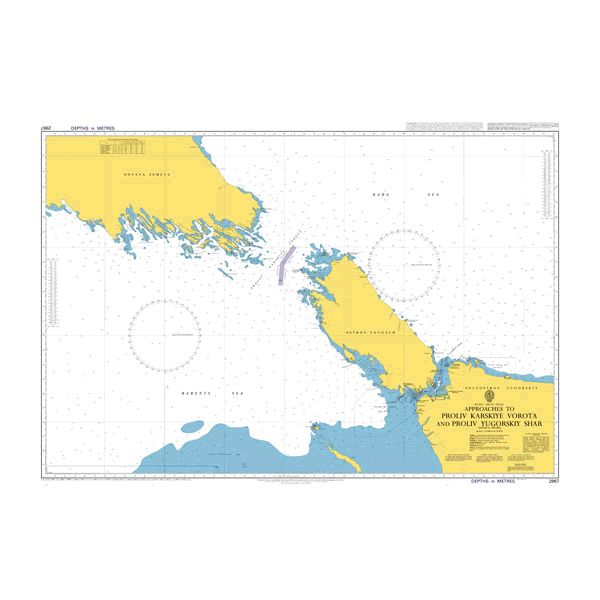 Product image of Admiralty Chart 2967 | Approaches to Proliv Karskiye Vorota and Proliv Yugorskiy Shar, featuring navigational markings, depth soundings, and coastal features, essential for safe marine navigation. It could be displayed as an art piece or used for navigation on a boat or ship.