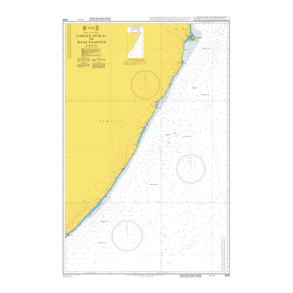 Product image of Admiralty Chart 2969 | Cadale (Itala) to Raas Xaafuun, featuring navigational markings, depth soundings, and coastal features, essential for safe marine navigation. It could be displayed as an art piece or used for navigation on a boat or ship.