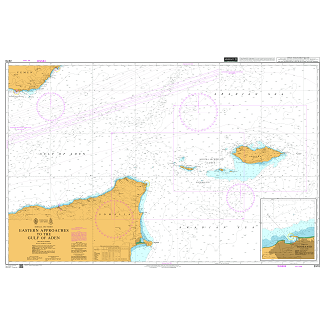 Product image of Admiralty Chart 2970 | Eastern Approaches to the Gulf of Aden, featuring navigational markings, depth soundings, and coastal features, essential for safe marine navigation. It could be displayed as an art piece or used for navigation on a boat or ship.