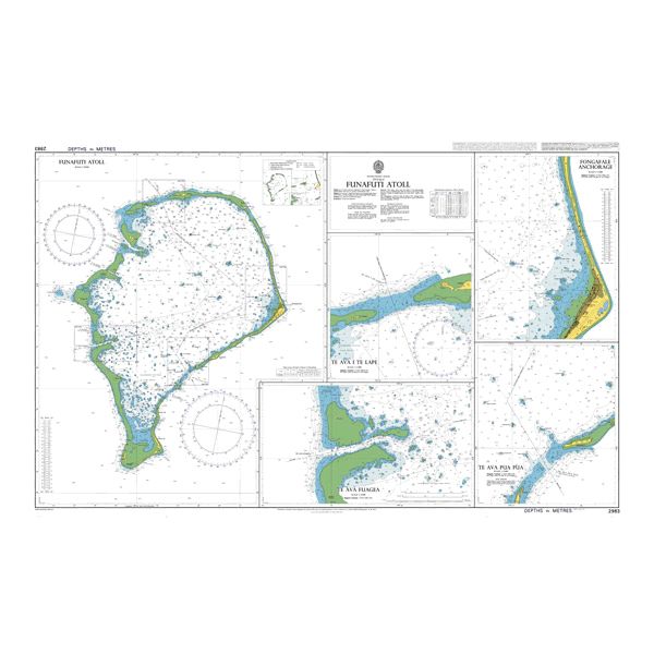 Product image of Admiralty Chart 2983 | Funafuti Atoll, featuring navigational markings, depth soundings, and coastal features, essential for safe marine navigation. It could be displayed as an art piece or used for navigation on a boat or ship.