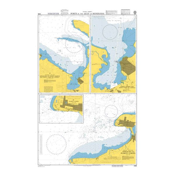 Product image of Admiralty Chart 2988 | Ports in the Gulf of Honduras, featuring navigational markings, depth soundings, and coastal features, essential for safe marine navigation. It could be displayed as an art piece or used for navigation on a boat or ship.