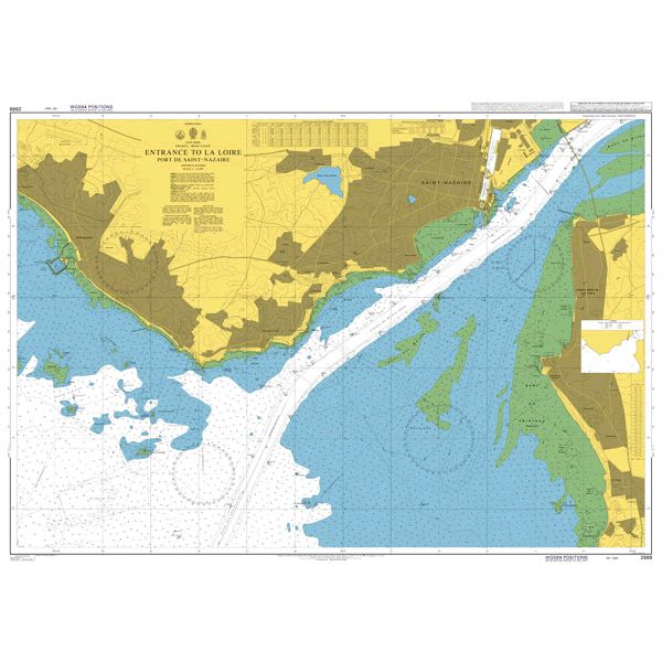 Product image of Admiralty Chart 2989 | Entrance to La Loire Port de Saint-Nazaire, featuring navigational markings, depth soundings, and coastal features, essential for safe marine navigation. It could be displayed as an art piece or used for navigation on a boat or ship.