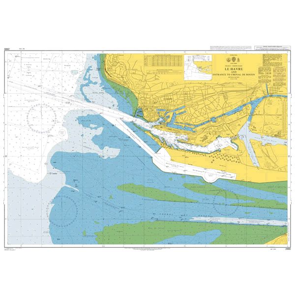 Product image of Admiralty Chart 2990 | Le Havre and Entrance to Chenal de Rouen, featuring navigational markings, depth soundings, and coastal features, essential for safe marine navigation. It could be displayed as an art piece or used for navigation on a boat or ship.