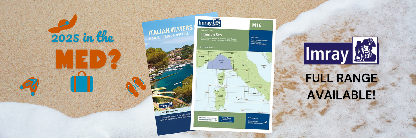 Nautical charts and travel guides on sandy beach with ocean waves. Text reads "2025 in the Med?" and "Imray Full Range Available!" with colorful sandals and luggage illustrations.