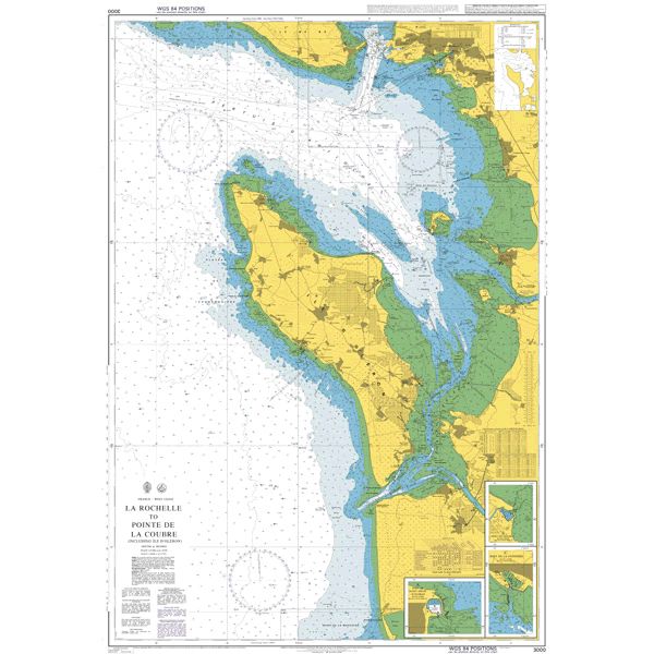 Product image of Admiralty Chart 3000 | La Rochelle to Pointe de la Coubre (including Ile d'Oleron), featuring navigational markings, depth soundings, and coastal features, essential for safe marine navigation. It could be displayed as an art piece or used for navigation on a boat or ship.