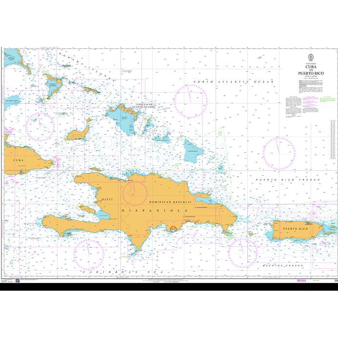 Product image of Admiralty Chart 3001 | Cuba to Puerto Rico, featuring navigational markings, depth soundings, and coastal features, essential for safe marine navigation. It could be displayed as an art piece or used for navigation on a boat or ship.