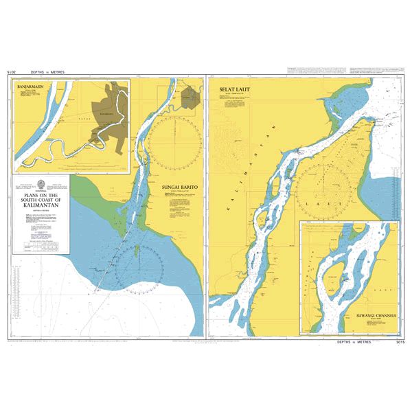 Product image of Admiralty Chart 3015 | Selat Laut and Sungai Barito, featuring navigational markings, depth soundings, and coastal features, essential for safe marine navigation. It could be displayed as an art piece or used for navigation on a boat or ship.