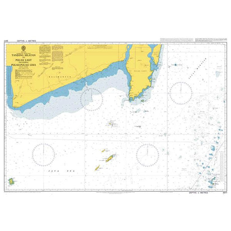 Product image of Admiralty Chart 3017 | Tanjung Selatan to Pulau Laut including Pulau-Pulau Lima, featuring navigational markings, depth soundings, and coastal features, essential for safe marine navigation. It could be displayed as an art piece or used for navigation on a boat or ship.