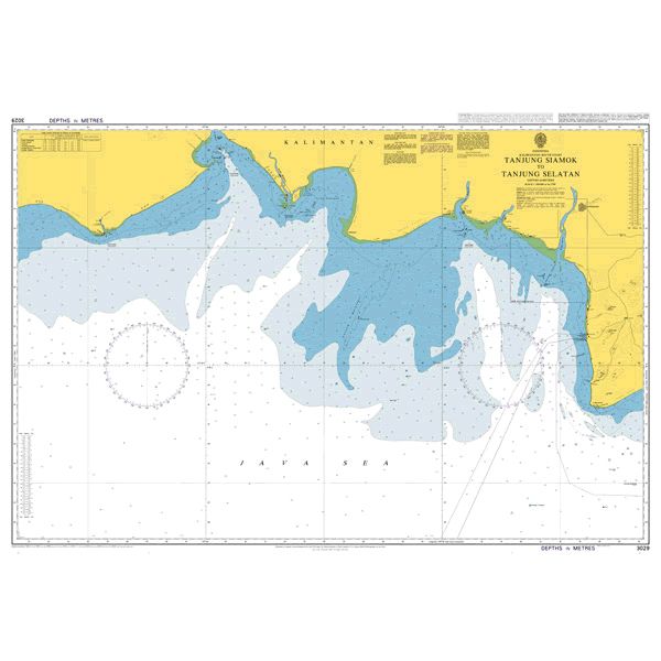 Product image of Admiralty Chart 3029 | Tanjung Siamok to Tanjung Selatan, featuring navigational markings, depth soundings, and coastal features, essential for safe marine navigation. It could be displayed as an art piece or used for navigation on a boat or ship.