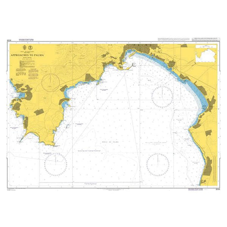 Product image of Admiralty Chart 3034 | Approaches to Palma, featuring navigational markings, depth soundings, and coastal features, essential for safe marine navigation. It could be displayed as an art piece or used for navigation on a boat or ship.