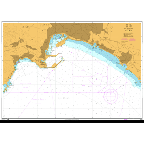 Product image of Admiralty Chart 3035 | Palma, featuring navigational markings, depth soundings, and coastal features, essential for safe marine navigation. It could be displayed as an art piece or used for navigation on a boat or ship.