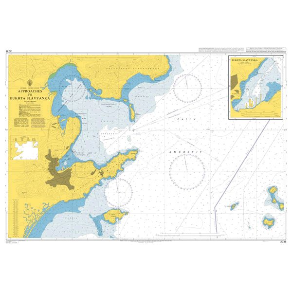 Product image of Admiralty Chart 3039 | Approaches to Bukhta Slavyanka, featuring navigational markings, depth soundings, and coastal features, essential for safe marine navigation. It could be displayed as an art piece or used for navigation on a boat or ship.