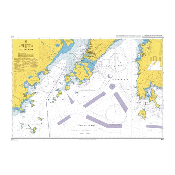 Product image of Admiralty Chart 3045 | Approaches to Vladivostok, featuring navigational markings, depth soundings, and coastal features, essential for safe marine navigation. It could be displayed as an art piece or used for navigation on a boat or ship.