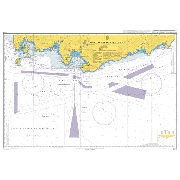 Product image of Admiralty Chart 3046 | Approaches to Nakhodka, featuring navigational markings, depth soundings, and coastal features, essential for safe marine navigation. It could be displayed as an art piece or used for navigation on a boat or ship.