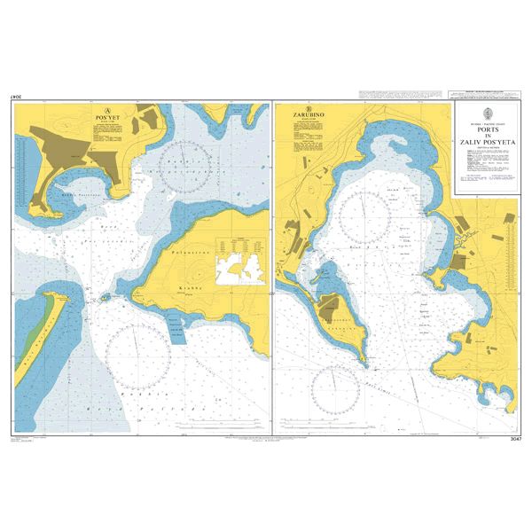 Product image of Admiralty Chart 3047 | Ports in Zaliv Pos'yeta, featuring navigational markings, depth soundings, and coastal features, essential for safe marine navigation. It could be displayed as an art piece or used for navigation on a boat or ship.