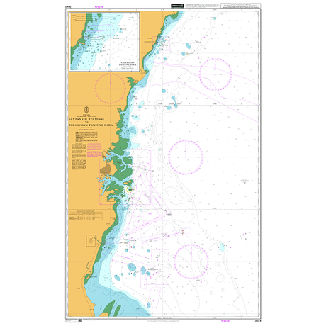 Product image of Admiralty Chart 3049 | Santan Oil Terminal to Pelabuhan Tanjung Bara, featuring navigational markings, depth soundings, and coastal features, essential for safe marine navigation. It could be displayed as an art piece or used for navigation on a boat or ship.