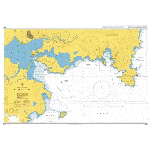 Product image of Admiralty Chart 3050 | Zaliv Pos'yeta, featuring navigational markings, depth soundings, and coastal features, essential for safe marine navigation. It could be displayed as an art piece or used for navigation on a boat or ship.