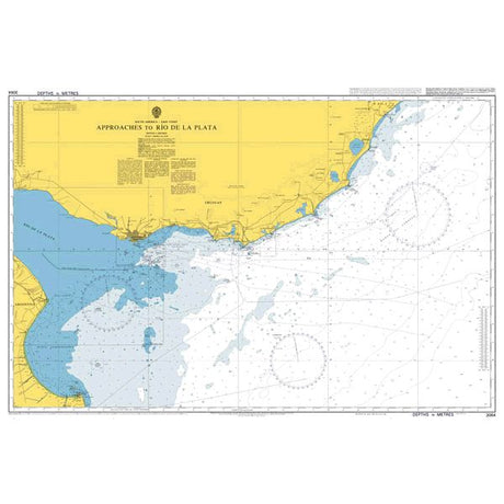 Product image of Admiralty Chart 3064 | Approaches to Rio de La Plata, featuring navigational markings, depth soundings, and coastal features, essential for safe marine navigation. It could be displayed as an art piece or used for navigation on a boat or ship.