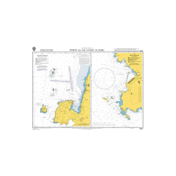 Product image of Admiralty Chart 3084 | Ports on the Coast of Peru, featuring navigational markings, depth soundings, and coastal features, essential for safe marine navigation. It could be displayed as an art piece or used for navigation on a boat or ship.