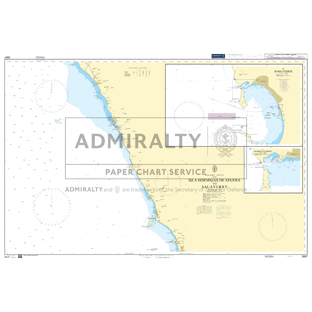 Product image of Admiralty Chart 3087 | Isla Hormigas de Afuera to Salaverry, featuring navigational markings, depth soundings, and coastal features, essential for safe marine navigation. It could be displayed as an art piece or used for navigation on a boat or ship.