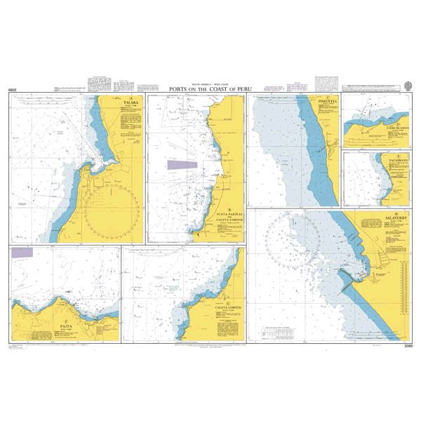 Product image of Admiralty Chart 3089 | Ports on the Coast of Peru, featuring navigational markings, depth soundings, and coastal features, essential for safe marine navigation. It could be displayed as an art piece or used for navigation on a boat or ship.