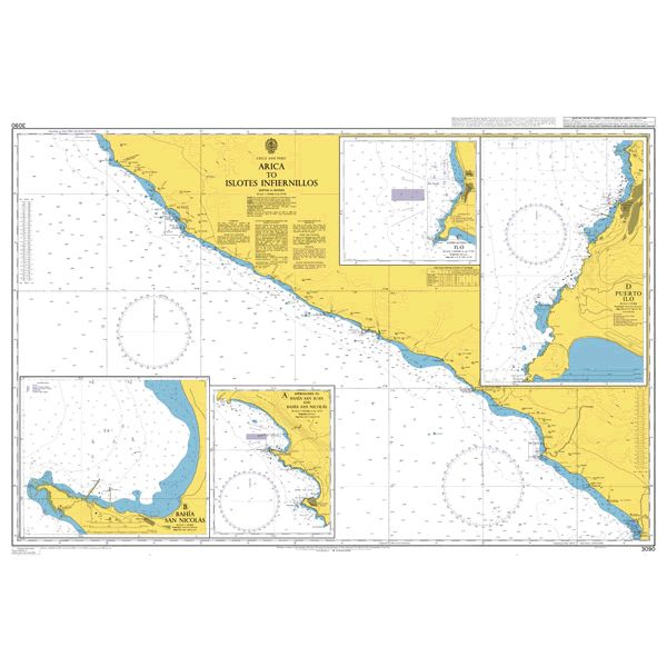 Product image of Admiralty Chart 3090 | Arica to Islotes Infiernillos, featuring navigational markings, depth soundings, and coastal features, essential for safe marine navigation. It could be displayed as an art piece or used for navigation on a boat or ship.