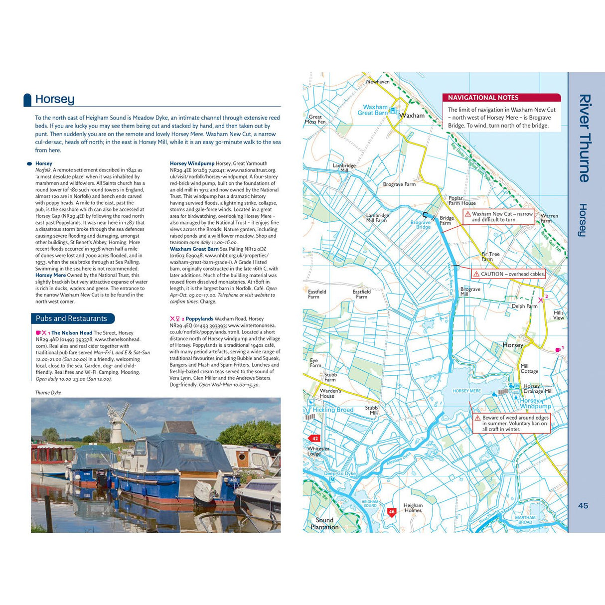 A page from Nicholson Waterways Guide 8: Norfolk Broads by Nicholson features details on Horsey, including pub listings, a map highlighting waterways, moorings, landmarks, and a photo of boats by the small harbor.