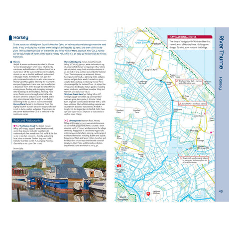 A page from Nicholson Waterways Guide 8: Norfolk Broads by Nicholson features details on Horsey, including pub listings, a map highlighting waterways, moorings, landmarks, and a photo of boats by the small harbor.