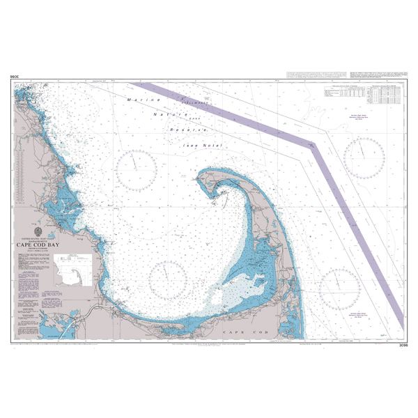 Product image of Admiralty Chart 3096 | Cape Cod Bay, featuring navigational markings, depth soundings, and coastal features, essential for safe marine navigation. It could be displayed as an art piece or used for navigation on a boat or ship.