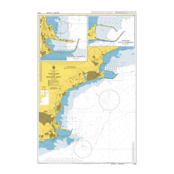 Product image of Admiralty Chart 3102 | Takoradi and Sekondi Bays, featuring navigational markings, depth soundings, and coastal features, essential for safe marine navigation. It could be displayed as an art piece or used for navigation on a boat or ship.