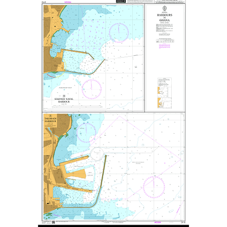 Product image of Admiralty Chart 3112 | Harbours in Ghana, featuring navigational markings, depth soundings, and coastal features, essential for safe marine navigation. It could be displayed as an art piece or used for navigation on a boat or ship.