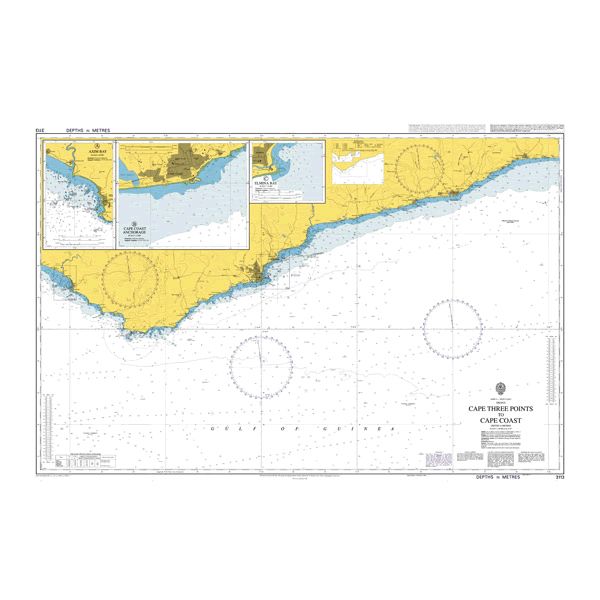 Product image of Admiralty Chart 3113 | Cape Three Points to Saltpond, featuring navigational markings, depth soundings, and coastal features, essential for safe marine navigation. It could be displayed as an art piece or used for navigation on a boat or ship.