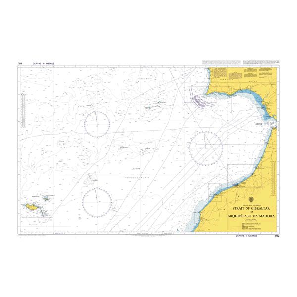 Product image of Admiralty Chart 3132 | Strait of Gibraltar to Arquipelago da Madeira, featuring navigational markings, depth soundings, and coastal features, essential for safe marine navigation. It could be displayed as an art piece or used for navigation on a boat or ship.