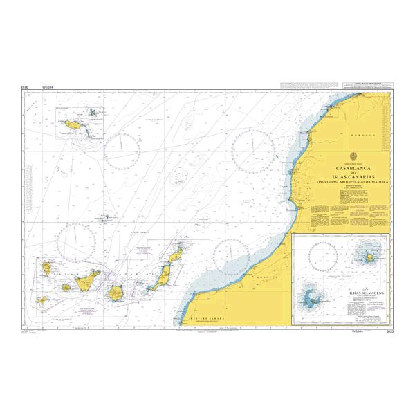 Product image of Admiralty Chart 3133 | Casablanca to Islas Canarias (Including Arquipelago da Madeira), featuring navigational markings, depth soundings, and coastal features, essential for safe marine navigation. It could be displayed as an art piece or used for navigation on a boat or ship.