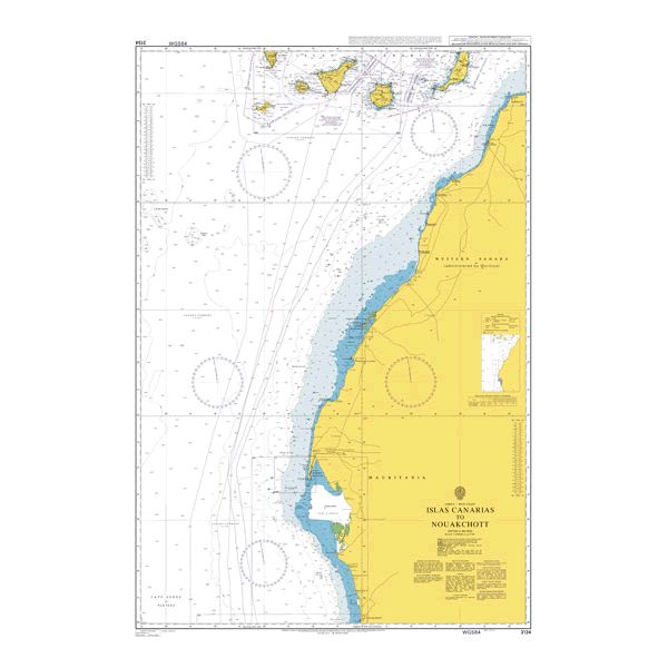 Product image of Admiralty Chart 3134 | Islas Canarias to Nouakchott, featuring navigational markings, depth soundings, and coastal features, essential for safe marine navigation. It could be displayed as an art piece or used for navigation on a boat or ship.