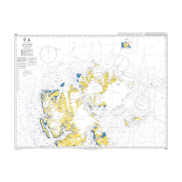 Product image of Admiralty Chart 3136 | Svalbard Northern Part, featuring navigational markings, depth soundings, and coastal features, essential for safe marine navigation. It could be displayed as an art piece or used for navigation on a boat or ship.