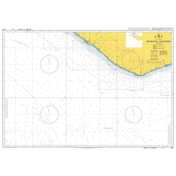 Product image of Admiralty Chart 3139 | Monrovia to Sassandra, featuring navigational markings, depth soundings, and coastal features, essential for safe marine navigation. It could be displayed as an art piece or used for navigation on a boat or ship.