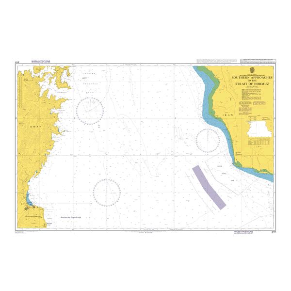 Product image of Admiralty Chart 3171 | Southern Approaches to the Strait of Hormuz, featuring navigational markings, depth soundings, and coastal features, essential for safe marine navigation. It could be displayed as an art piece or used for navigation on a boat or ship.