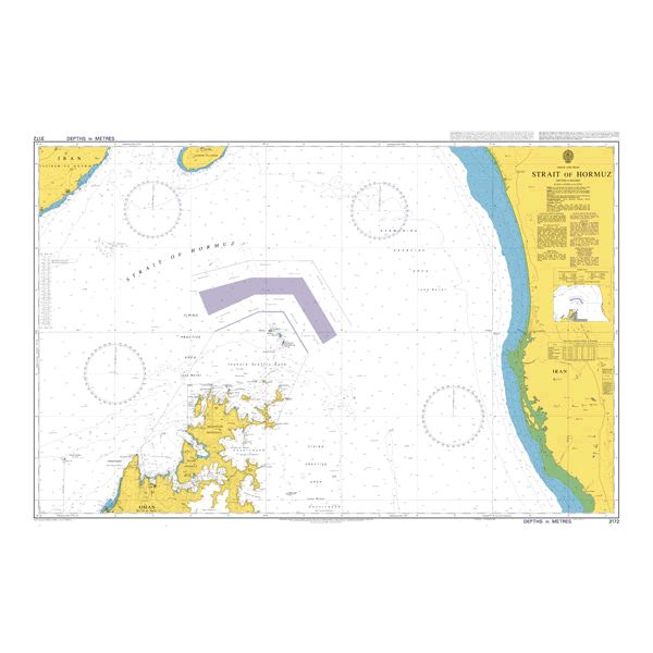 Product image of Admiralty Chart 3172 | Strait of Hormuz, featuring navigational markings, depth soundings, and coastal features, essential for safe marine navigation. It could be displayed as an art piece or used for navigation on a boat or ship.