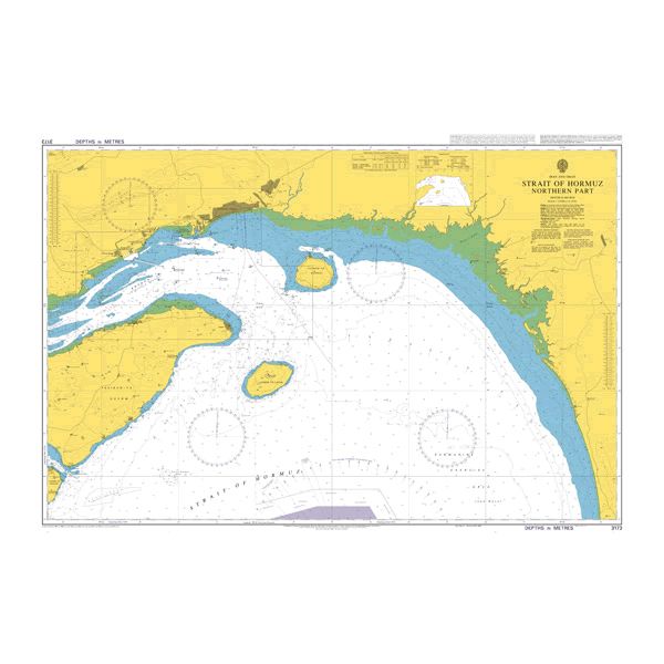 Product image of Admiralty Chart 3173 | Strait of Hormuz Northern Part, featuring navigational markings, depth soundings, and coastal features, essential for safe marine navigation. It could be displayed as an art piece or used for navigation on a boat or ship.