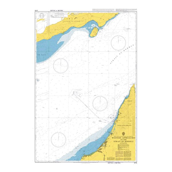 Product image of Admiralty Chart 3174 | Western Approaches to the Strait of Hormuz, featuring navigational markings, depth soundings, and coastal features, essential for safe marine navigation. It could be displayed as an art piece or used for navigation on a boat or ship.