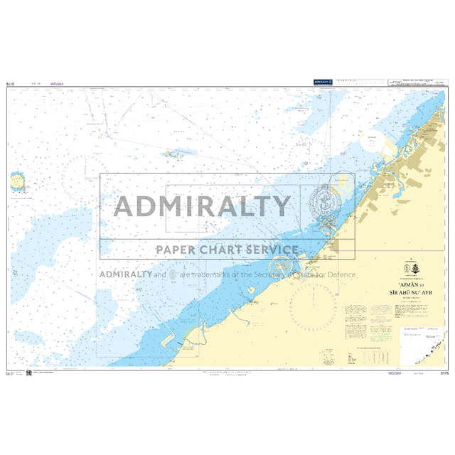 Product image of Admiralty Chart 3176 | Ajman to Sir Abu Nu Ayr, featuring navigational markings, depth soundings, and coastal features, essential for safe marine navigation. It could be displayed as an art piece or used for navigation on a boat or ship.