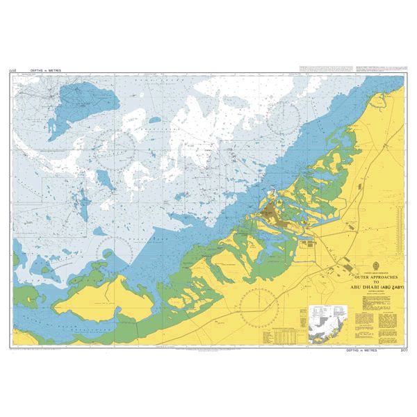 Product image of Admiralty Chart 3177 | Outer Approaches to Abu Dhabi (Abu Zaby), featuring navigational markings, depth soundings, and coastal features, essential for safe marine navigation. It could be displayed as an art piece or used for navigation on a boat or ship.