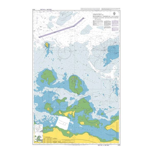 Product image of Admiralty Chart 3178 | Approaches to Mubarraz Terminal including Zaqqum Traffic Separation Scheme, featuring navigational markings, depth soundings, and coastal features, essential for safe marine navigation. It could be displayed as an art piece or used for navigation on a boat or ship.