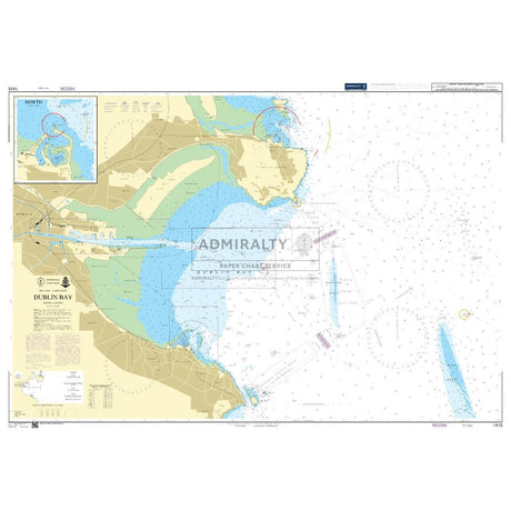 The Admiralty Chart 1415: Dublin Bay, by Admiralty, details navigational routes, depths, coastal landmarks including harbour berthing, and features an inset map of Howth. It displays sea depths, commercial shipping routes, and coastal contours for safe navigation.