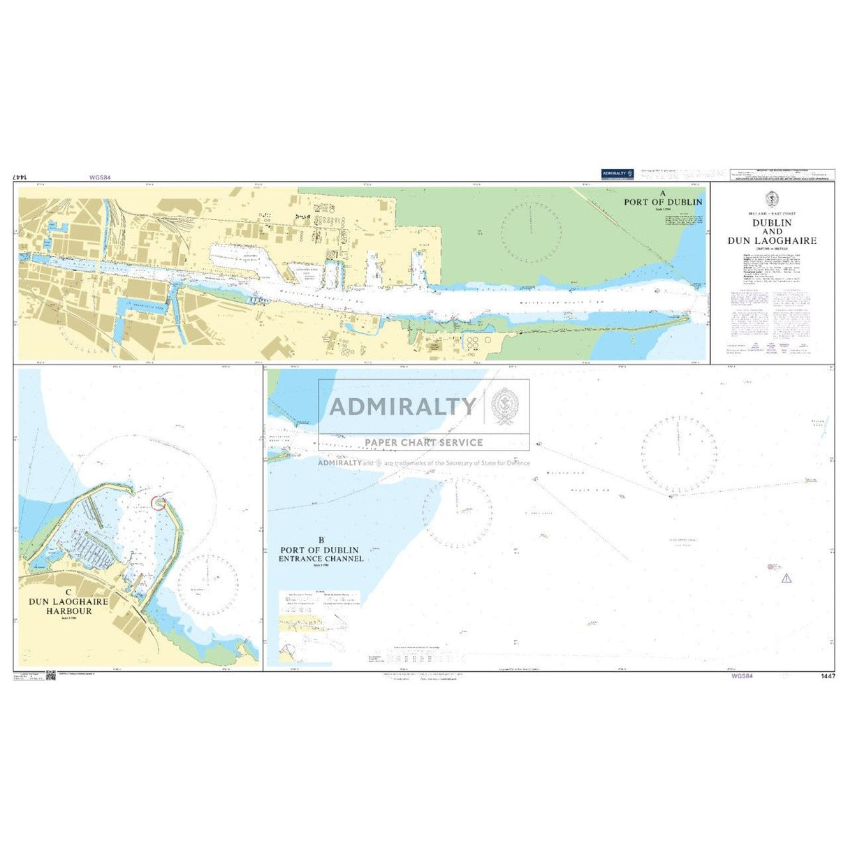 The Admiralty Chart 1447 for Dublin and Dun Laoghaire provides safe navigation with detailed harbor areas, entrances, water depths, labels, navigation markers, and compass roses for orientation.