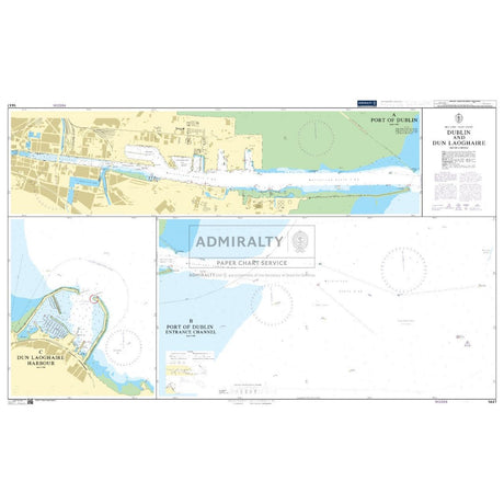 The Admiralty Chart 1447 for Dublin and Dun Laoghaire provides safe navigation with detailed harbor areas, entrances, water depths, labels, navigation markers, and compass roses for orientation.